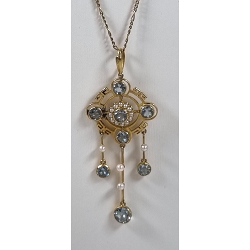 394 - Edwardian 15ct gold aqua marine and seed pearl set pendant with chain together with a pair of 9ct go... 