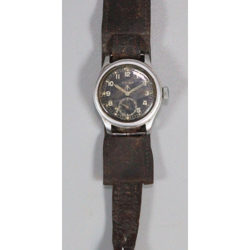 401 - Timor British Military stainless steel 'Dirty Dozen' wristwatch, having Arabic numerals to the black... 