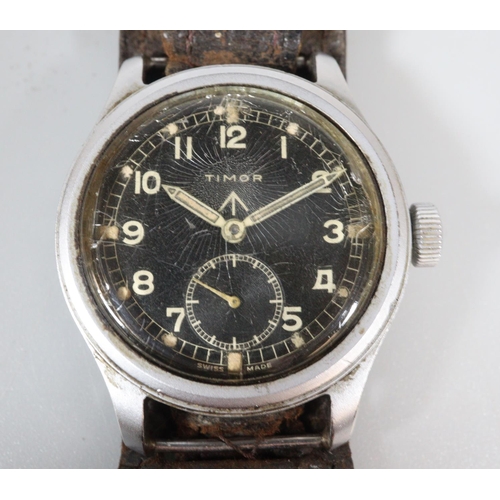 401 - Timor British Military stainless steel 'Dirty Dozen' wristwatch, having Arabic numerals to the black... 