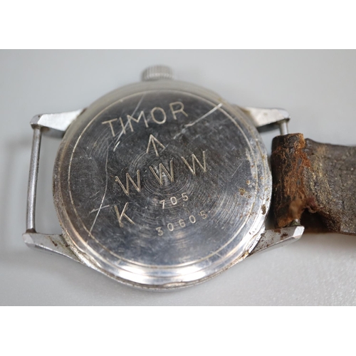 401 - Timor British Military stainless steel 'Dirty Dozen' wristwatch, having Arabic numerals to the black... 