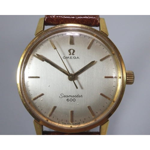 407 - Omega Seamaster 600 gold plated gentleman's automatic wristwatch, having satin face with baton numer... 