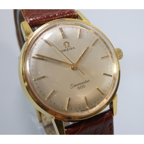 407 - Omega Seamaster 600 gold plated gentleman's automatic wristwatch, having satin face with baton numer... 