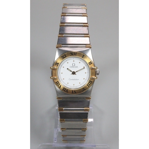 410 - Ladies Omega Constellation bi-metal bracelet wristwatch with yellow metal bezel having Roman numeral... 