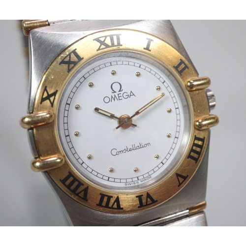 410 - Ladies Omega Constellation bi-metal bracelet wristwatch with yellow metal bezel having Roman numeral... 