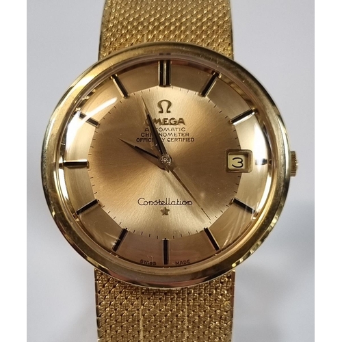 413 - Omega 18ct gold gentleman's automatic Constellation chronometer bracelet wristwatch, having gold sat...