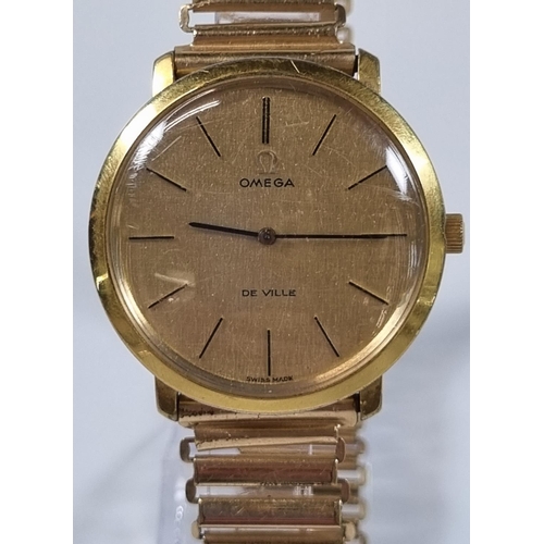 416 - Omega De Ville gold plated gentleman's wristwatch with gold satin face, having baton numerals on an ... 