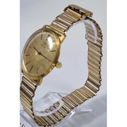 416 - Omega De Ville gold plated gentleman's wristwatch with gold satin face, having baton numerals on an ... 