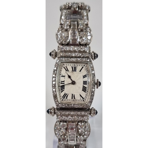 420 - Spectacular French Art Deco design diamond and gem set platinum bracelet cocktail watch in the style... 