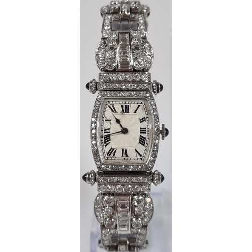 420 - Spectacular French Art Deco design diamond and gem set platinum bracelet cocktail watch in the style... 