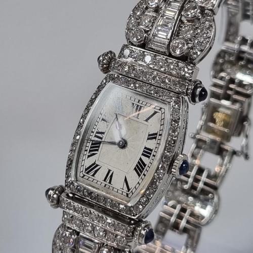 420 - Spectacular French Art Deco design diamond and gem set platinum bracelet cocktail watch in the style... 