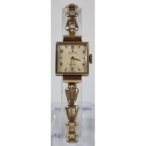 422 - Rolex Precision 9ct gold ladies square faced dress watch, the satin face with baton and Roman numera... 