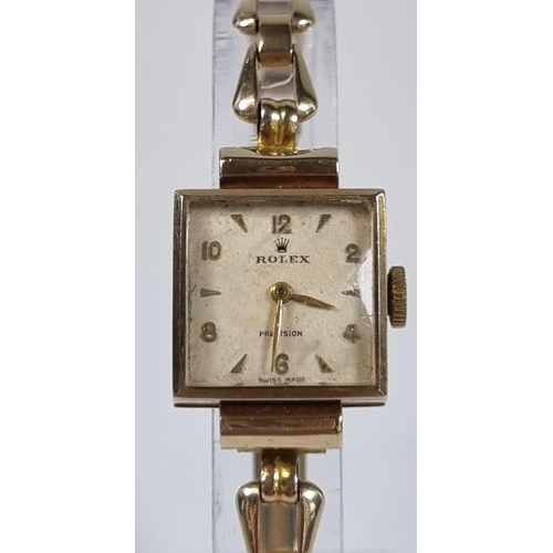 422 - Rolex Precision 9ct gold ladies square faced dress watch, the satin face with baton and Roman numera... 