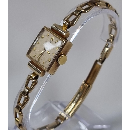 422 - Rolex Precision 9ct gold ladies square faced dress watch, the satin face with baton and Roman numera... 