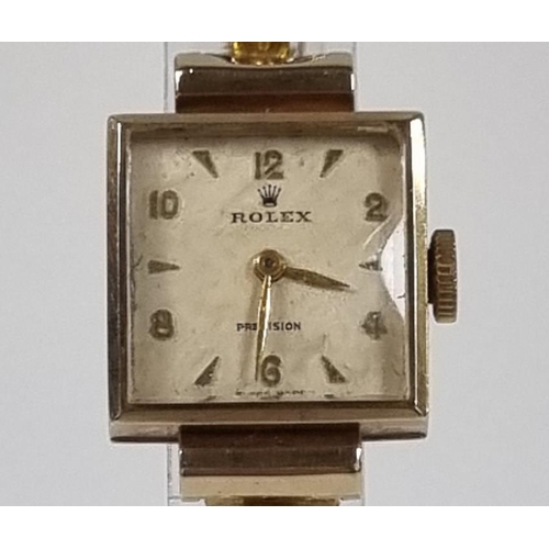 422 - Rolex Precision 9ct gold ladies square faced dress watch, the satin face with baton and Roman numera... 