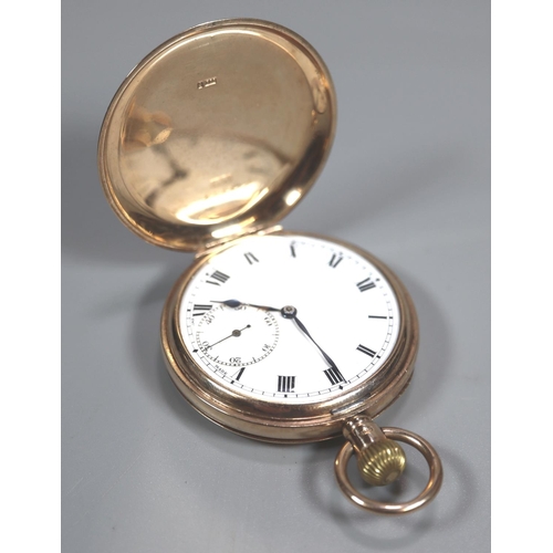 423 - 9ct gold full hunter keyless top wind pocket watch, having white enamel face with Roman numerals and... 