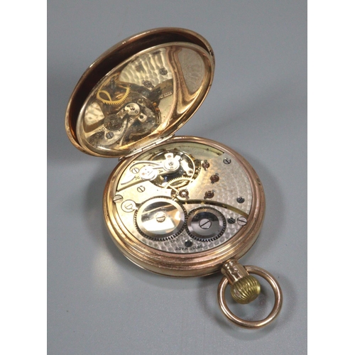 423 - 9ct gold full hunter keyless top wind pocket watch, having white enamel face with Roman numerals and... 