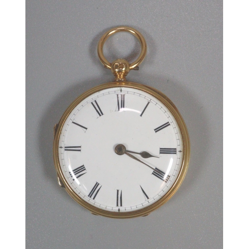 425 - 19th century 18ct gold open faced key wind pocket watch with white enamel face having Roman numerals... 