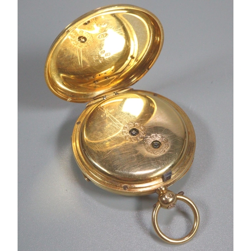 425 - 19th century 18ct gold open faced key wind pocket watch with white enamel face having Roman numerals... 