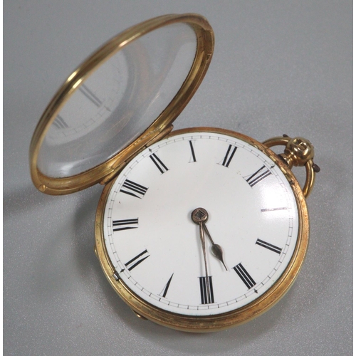 425 - 19th century 18ct gold open faced key wind pocket watch with white enamel face having Roman numerals... 