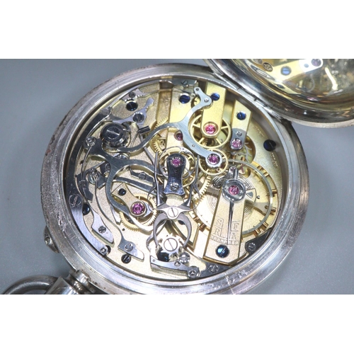 426 - Silver open faced keyless top wind split second chronograph pocket watch, the white enamel face with... 