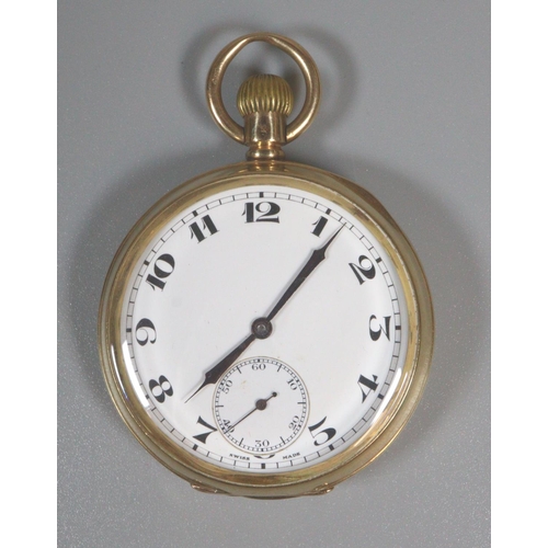 427 - 9ct gold open faced keyless top wind pocket watch, having white enamelled face with Arabic numerals ... 