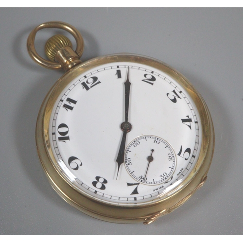 427 - 9ct gold open faced keyless top wind pocket watch, having white enamelled face with Arabic numerals ... 