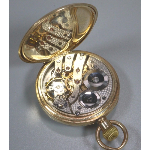 427 - 9ct gold open faced keyless top wind pocket watch, having white enamelled face with Arabic numerals ... 