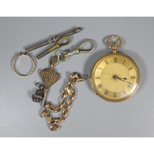 428 - 19th century 18ct gold fancy engraved key wind fob watch with engine turned Roman face and foliate a... 