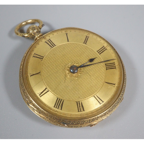 428 - 19th century 18ct gold fancy engraved key wind fob watch with engine turned Roman face and foliate a... 