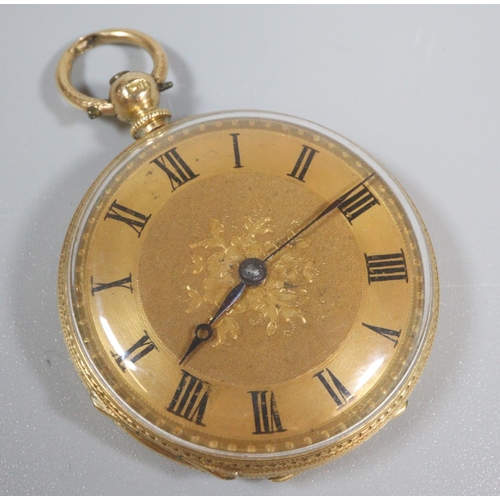 429 - 18ct gold open faced key wind fancy fob watch with foliate engraved back and engine turned Roman fac... 