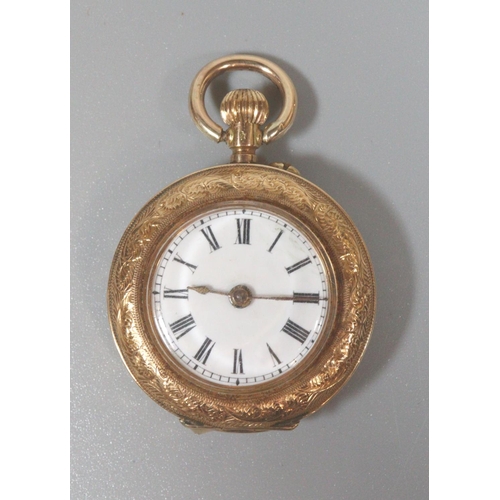 430 - 14ct gold open faced keyless top wind fancy fob watch, having white enamelled Roman face and foliate... 