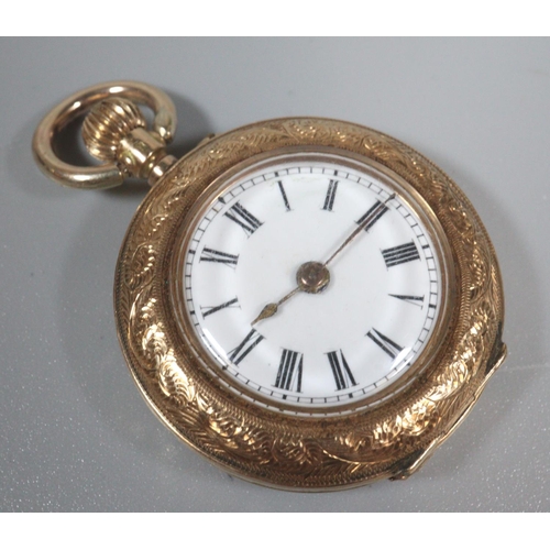 430 - 14ct gold open faced keyless top wind fancy fob watch, having white enamelled Roman face and foliate... 