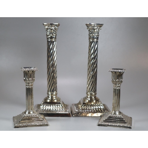 437 - Pair of late 19th century silver candlesticks having relief acanthus leaf decoration, Corinthian col... 