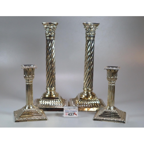 437 - Pair of late 19th century silver candlesticks having relief acanthus leaf decoration, Corinthian col... 