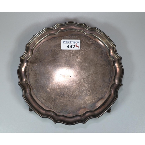 442 - Small silver piecrust salver standing on four scroll feet, maker's initials R&D, Sheffield hallmarks... 