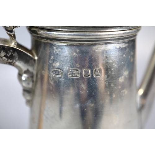 445 - George V silver conical shaped coffee pot with turned wooden handle.  Makers initials W E B, London ... 