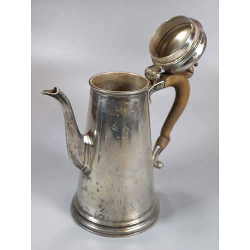 445 - George V silver conical shaped coffee pot with turned wooden handle.  Makers initials W E B, London ... 