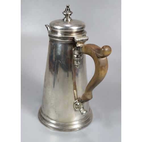 445 - George V silver conical shaped coffee pot with turned wooden handle.  Makers initials W E B, London ... 