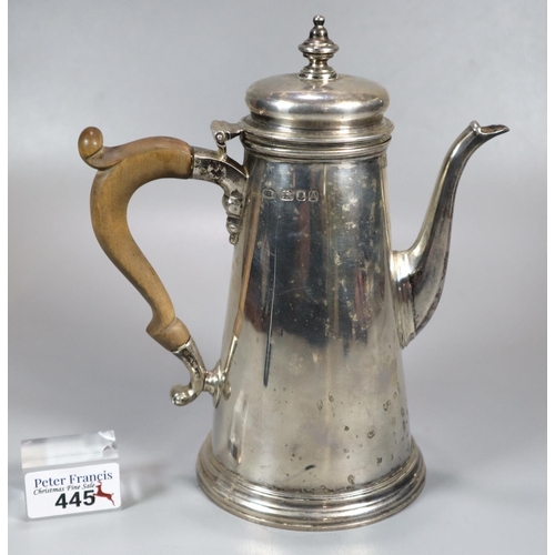 445 - George V silver conical shaped coffee pot with turned wooden handle.  Makers initials W E B, London ... 