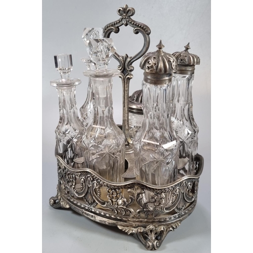 448 - 19th century silver six piece cruet set, some with silver tops, others with glass stoppers, single h... 