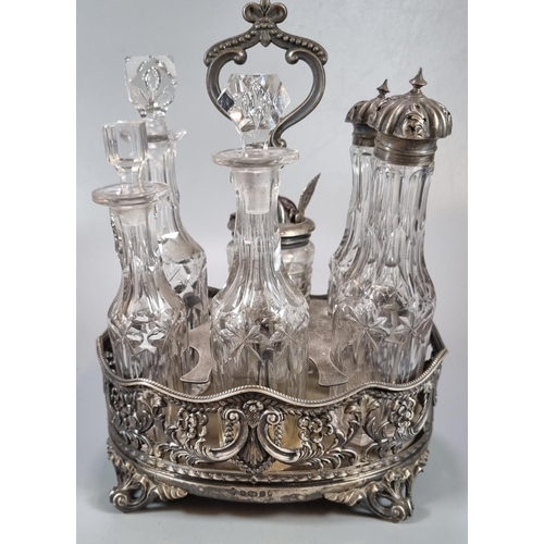 448 - 19th century silver six piece cruet set, some with silver tops, others with glass stoppers, single h... 