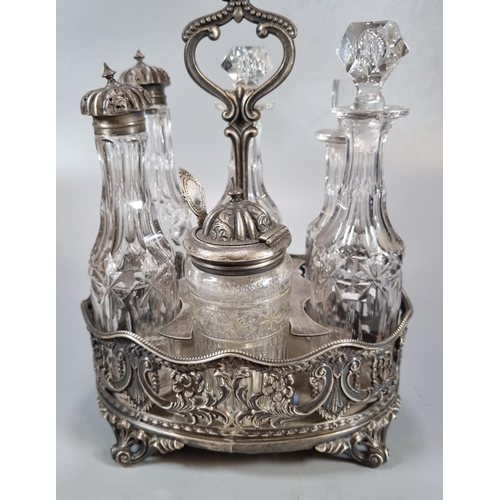 448 - 19th century silver six piece cruet set, some with silver tops, others with glass stoppers, single h... 