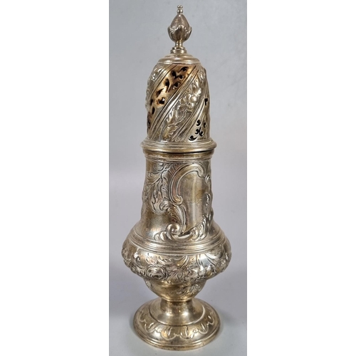 450 - George V silver sugar caster repoussé decorated with flowers and foliage, by C S Harris & Sons Ltd.,... 