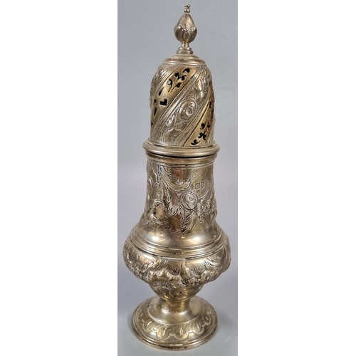 450 - George V silver sugar caster repoussé decorated with flowers and foliage, by C S Harris & Sons Ltd.,... 