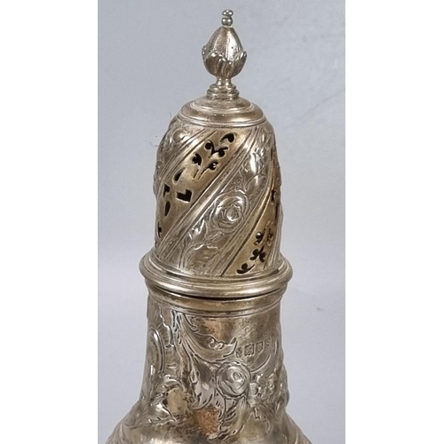 450 - George V silver sugar caster repoussé decorated with flowers and foliage, by C S Harris & Sons Ltd.,... 