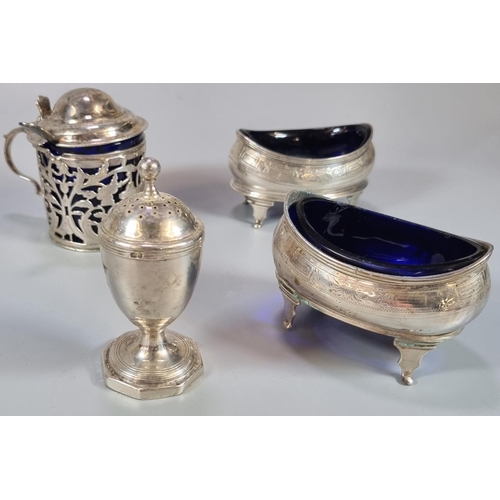 451 - Collection of 19th century silver condiments to include: pair of boat shaped salts, mustard pot and ... 