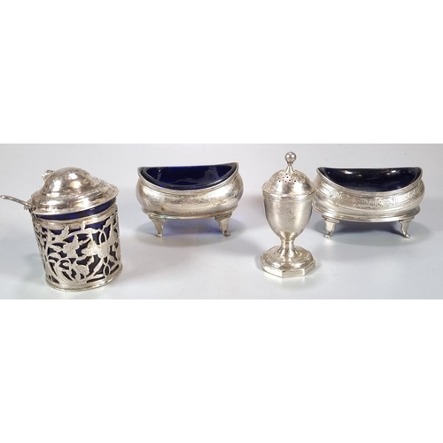 451 - Collection of 19th century silver condiments to include: pair of boat shaped salts, mustard pot and ... 