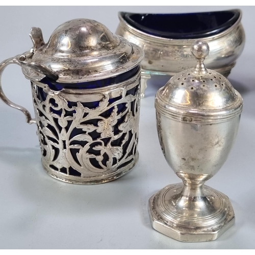 451 - Collection of 19th century silver condiments to include: pair of boat shaped salts, mustard pot and ... 