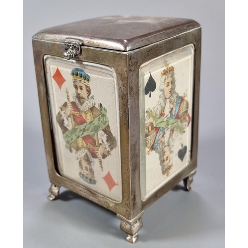 453 - Late Victorian silver playing card box/dispenser with glazed panels of playing cards and sprung inte... 