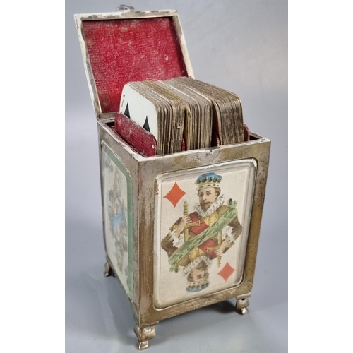 453 - Late Victorian silver playing card box/dispenser with glazed panels of playing cards and sprung inte... 